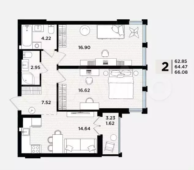 2-к. квартира, 66,1 м, 2/5 эт. - Фото 1