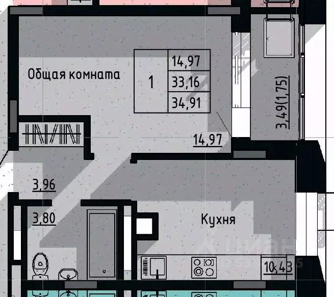 1-к кв. Саха (Якутия), Якутск пос. Геологов,  (34.91 м) - Фото 0
