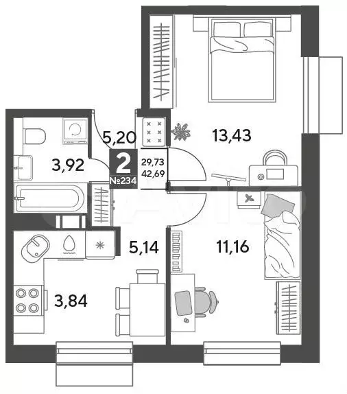 2-к. квартира, 42,7 м, 8/12 эт. - Фото 0