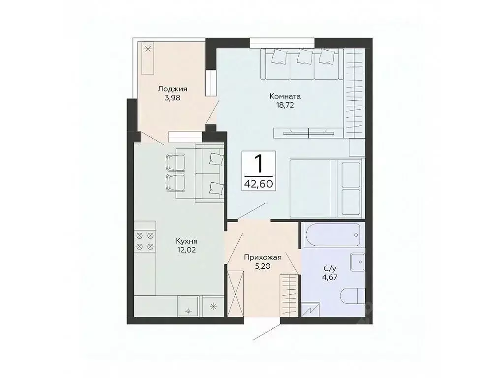 1-к кв. Воронежская область, Воронеж ул. Туполева, 5Н (42.6 м) - Фото 1