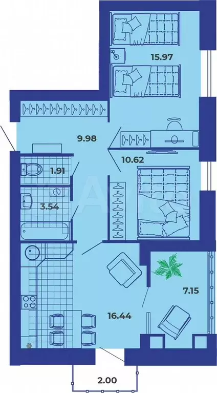 2-к. квартира, 65,5 м, 8/9 эт. - Фото 1