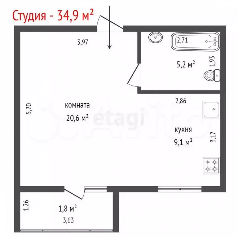 Квартира-студия, 34,9 м, 3/4 эт. - Фото 1