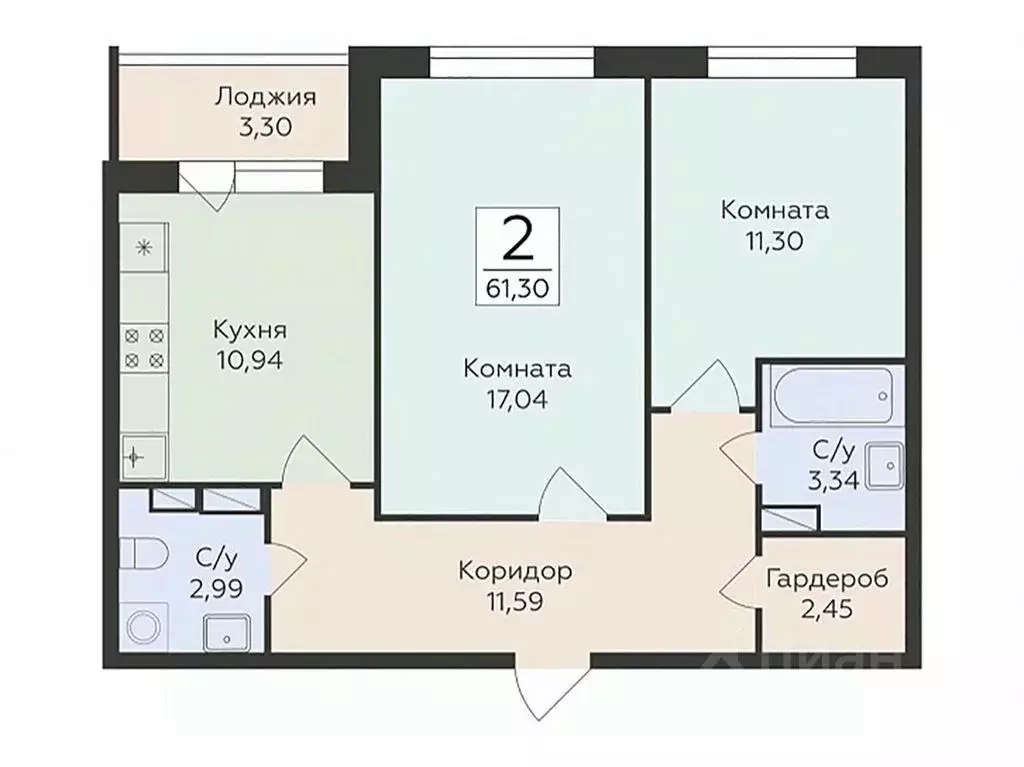2-к кв. Воронежская область, Воронеж ул. Чапаева, 68Б (61.3 м) - Фото 0