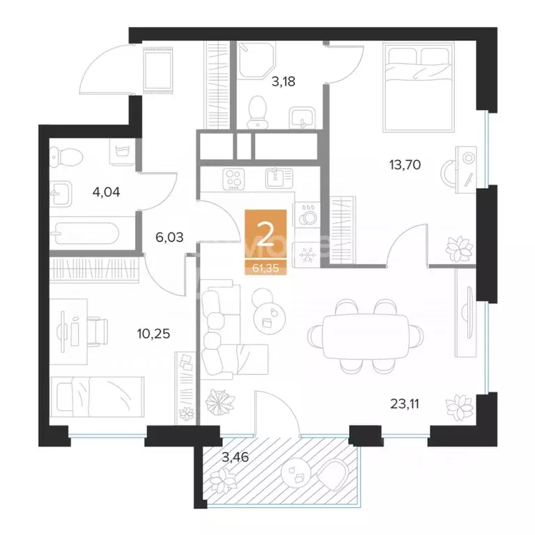 2-к кв. Курская область, Курск просп. Вячеслава Клыкова, 39Б (61.35 м) - Фото 2