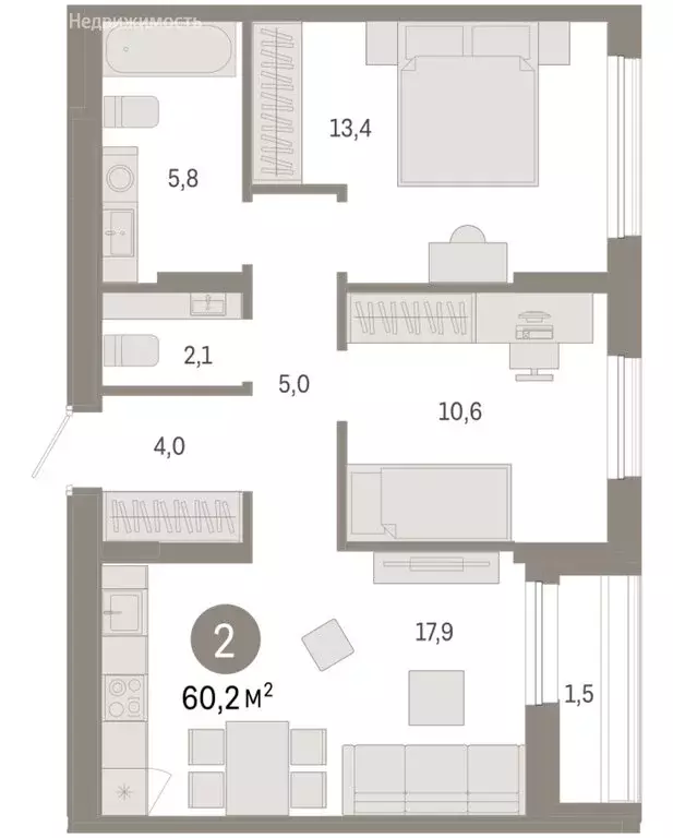 2-комнатная квартира: Тюмень, улица Республики, 205к1 (60.21 м) - Фото 2