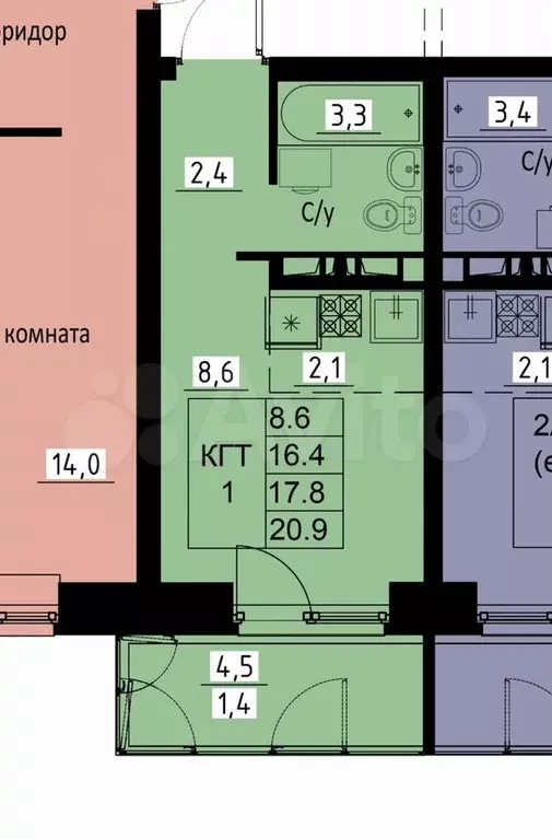 1-к. квартира, 17,8 м, 2/9 эт. - Фото 0