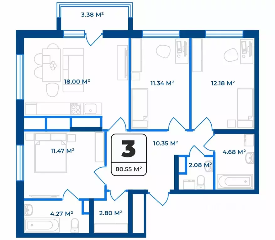 3-к кв. Рязанская область, Рязань Телецентр жилрайон,  (80.55 м) - Фото 1