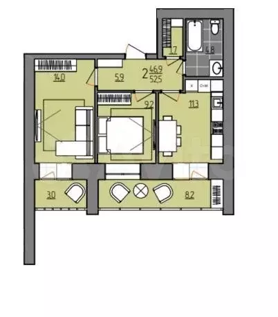 2-к. квартира, 52,5 м, 3/9 эт. - Фото 0
