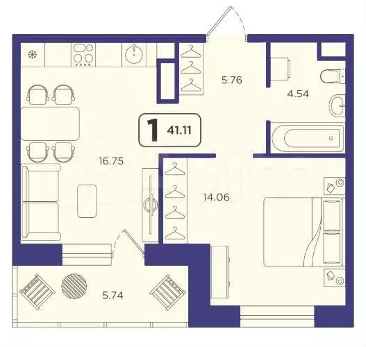 1-к. квартира, 41,1 м, 13/23 эт. - Фото 1