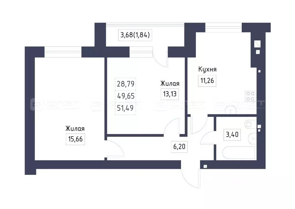 2-к кв. Татарстан, Лаишевский район, с. Сокуры  (51.49 м) - Фото 1