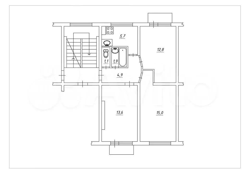 3-к. квартира, 55,4 м, 2/5 эт. - Фото 0