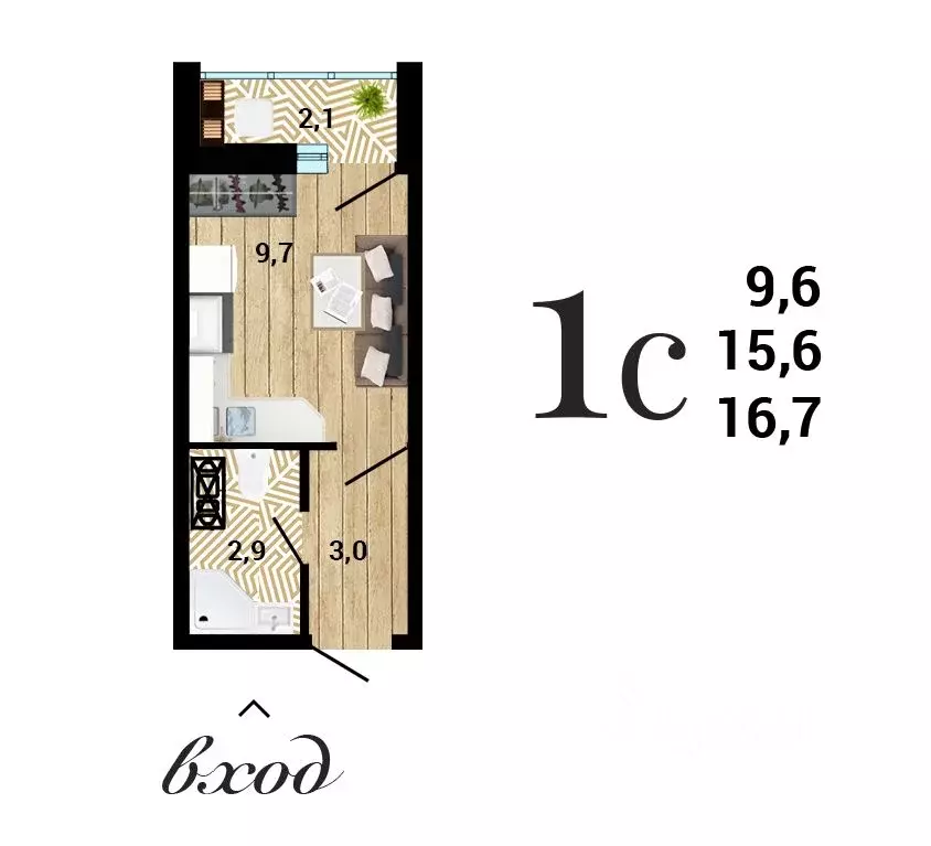 Студия Воронежская область, Воронеж Цимлянская ул. (16.72 м) - Фото 1