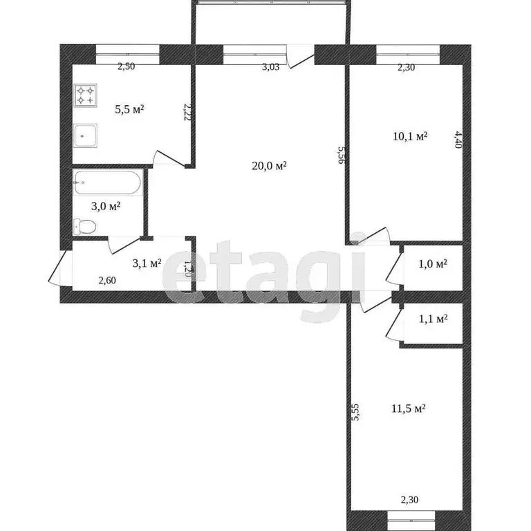 Квартира, 3 комнаты, 55.5 м - Фото 1