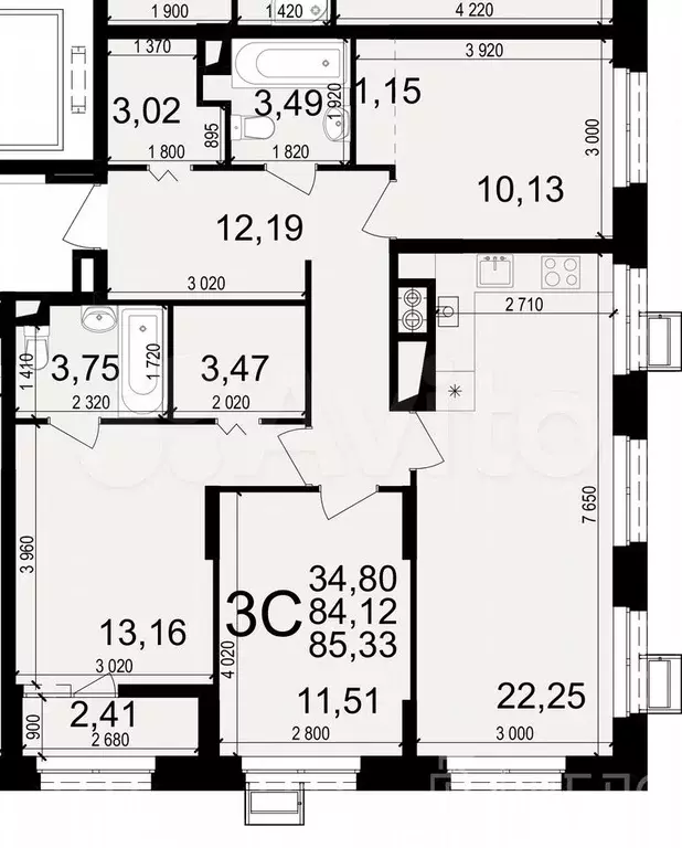 3-к. квартира, 85,4 м, 6/10 эт. - Фото 0