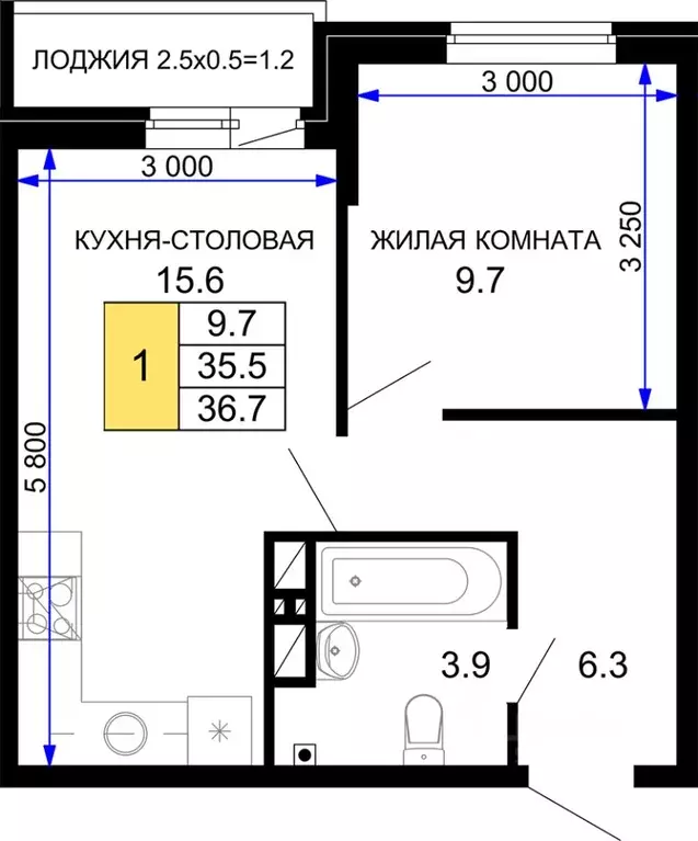 1-к кв. Краснодарский край, Краснодар Дыхание жилой комплекс (36.7 м) - Фото 0