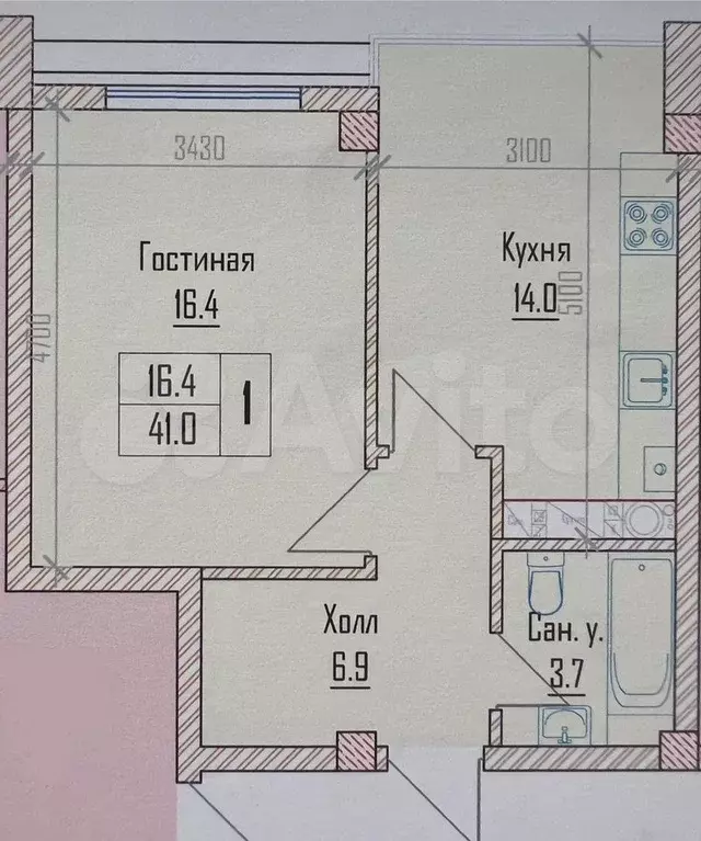 1-к. квартира, 41,2 м, 8/11 эт. - Фото 0