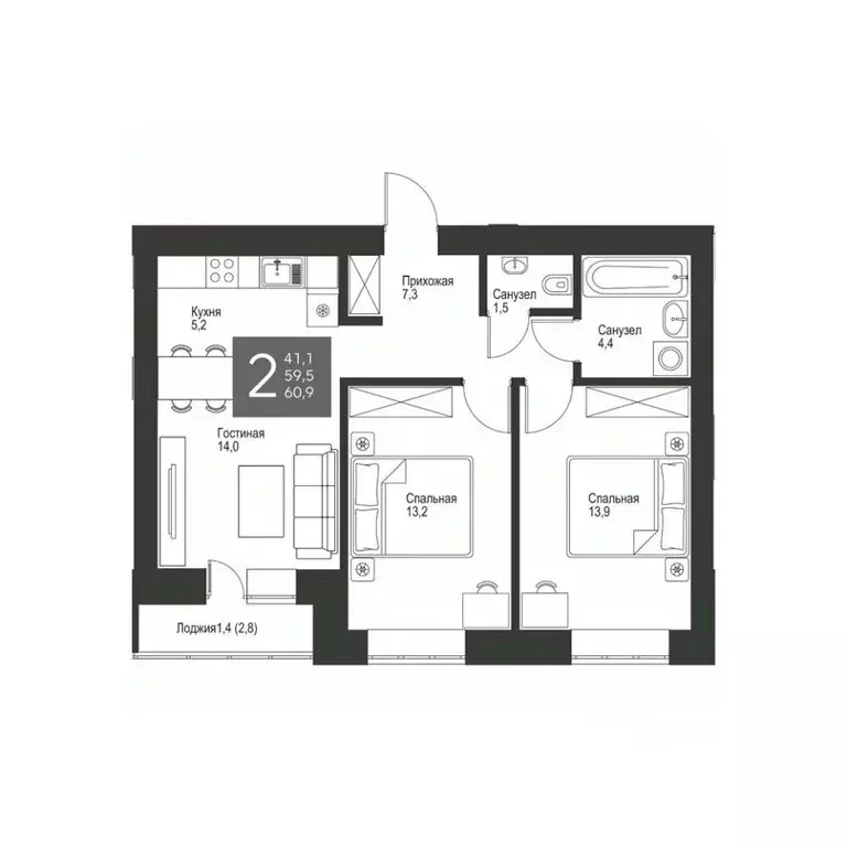2-к кв. Татарстан, Альметьевск ул. Гафиатуллина, 60 (60.9 м) - Фото 1