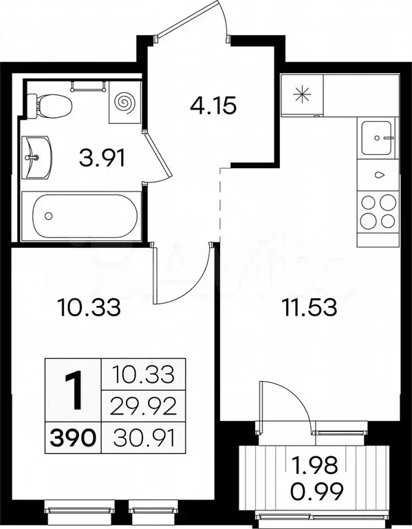 1-к. квартира, 30,9 м, 2/9 эт. - Фото 0