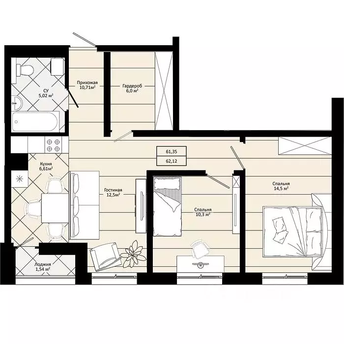 2-к кв. Приморский край, Уссурийск  (62.12 м) - Фото 1