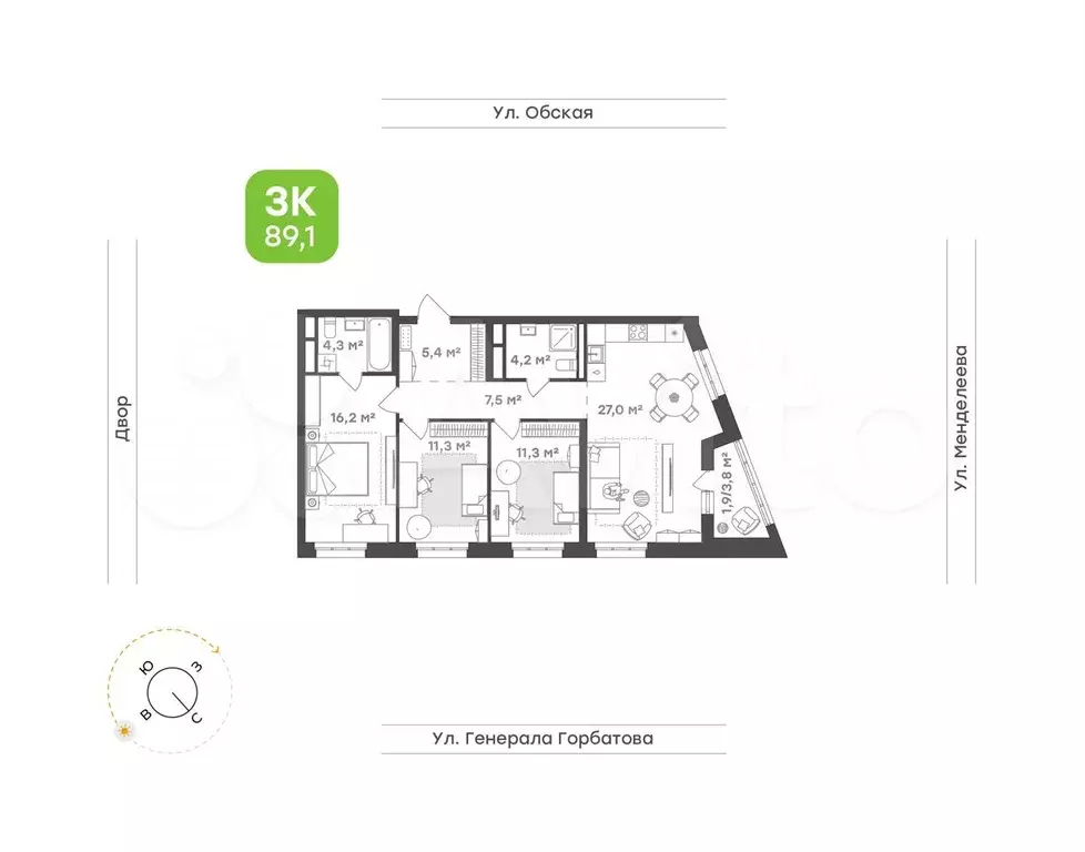 3-к. квартира, 89,1 м, 9/25 эт. - Фото 0