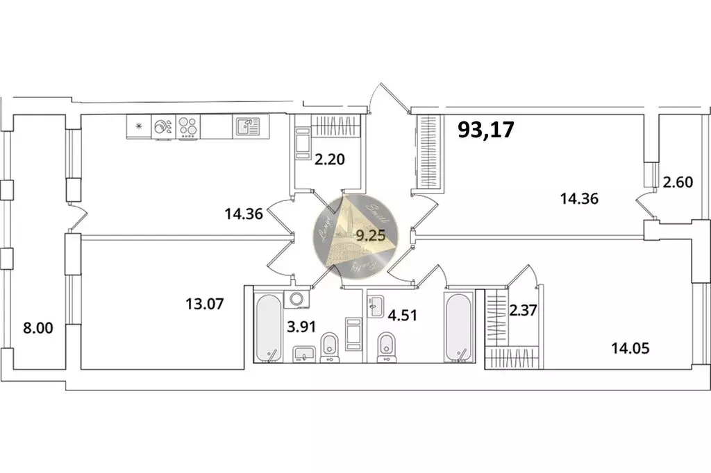 3-комнатная квартира: Санкт-Петербург, Кубинская улица, 82к3с1 (93.17 ... - Фото 1