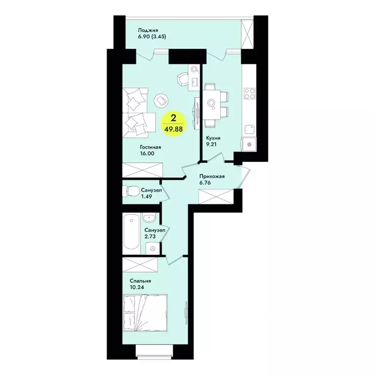2-к кв. Марий Эл, Йошкар-Ола  (49.88 м) - Фото 1
