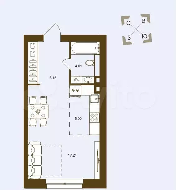 Квартира-студия, 32,4 м, 2/16 эт. - Фото 1