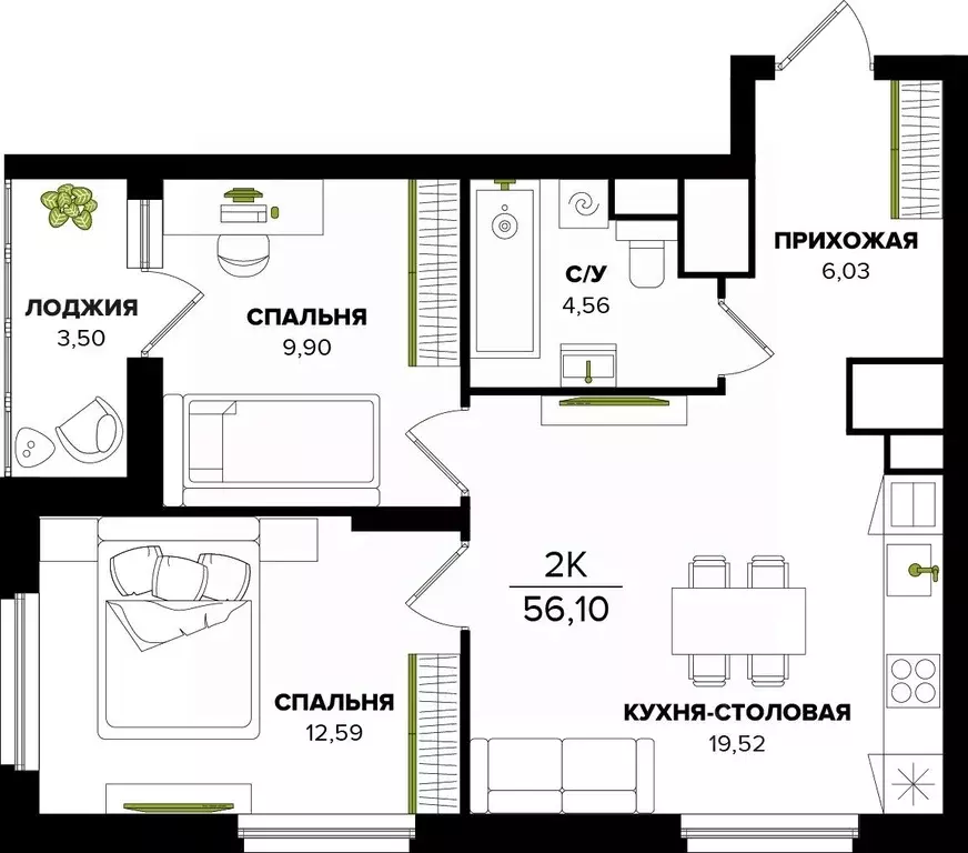 2-к кв. Тульская область, Тула  (56.1 м) - Фото 1