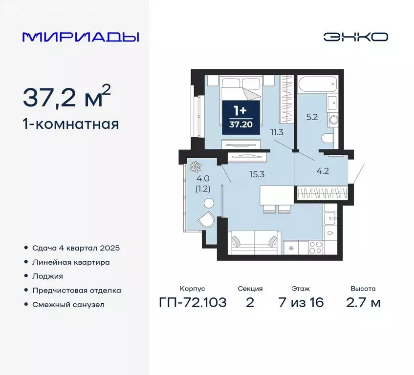 1-комнатная квартира: Тюмень, жилой комплекс Мириады (37.2 м) - Фото 0