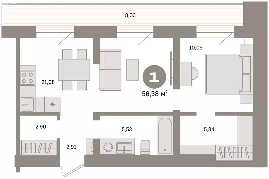 2-комнатная квартира: Тюмень, Причальная улица, 7 (56.3 м) - Фото 1