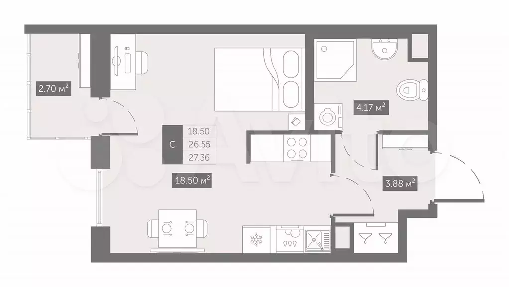 Квартира-студия, 27,4 м, 2/10 эт. - Фото 0