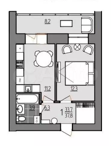 1-к. квартира, 37,8 м, 6/9 эт. - Фото 0