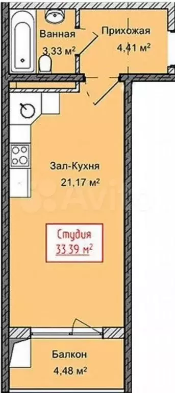 Квартира-студия, 33,4 м, 5/13 эт. - Фото 1