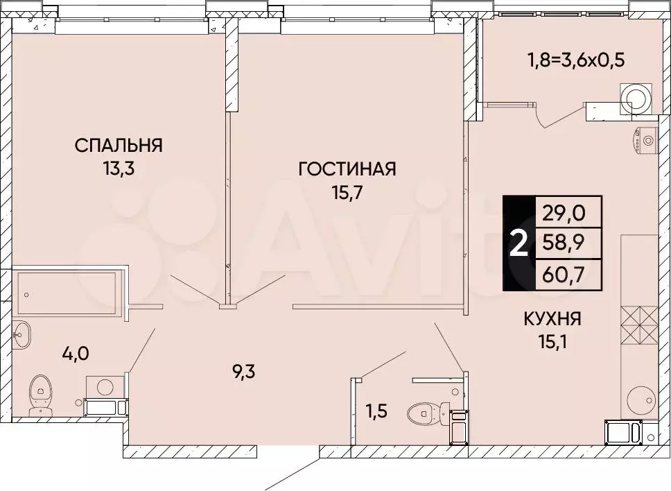 2-к. квартира, 60,7м, 5/24эт. - Фото 0