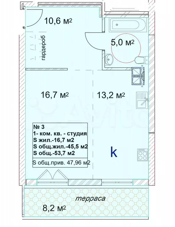 Квартира-студия, 47 м, 2/15 эт. - Фото 1