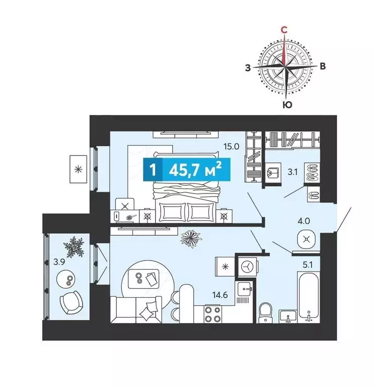 Квартира, 1 комната, 45.7 м - Фото 0
