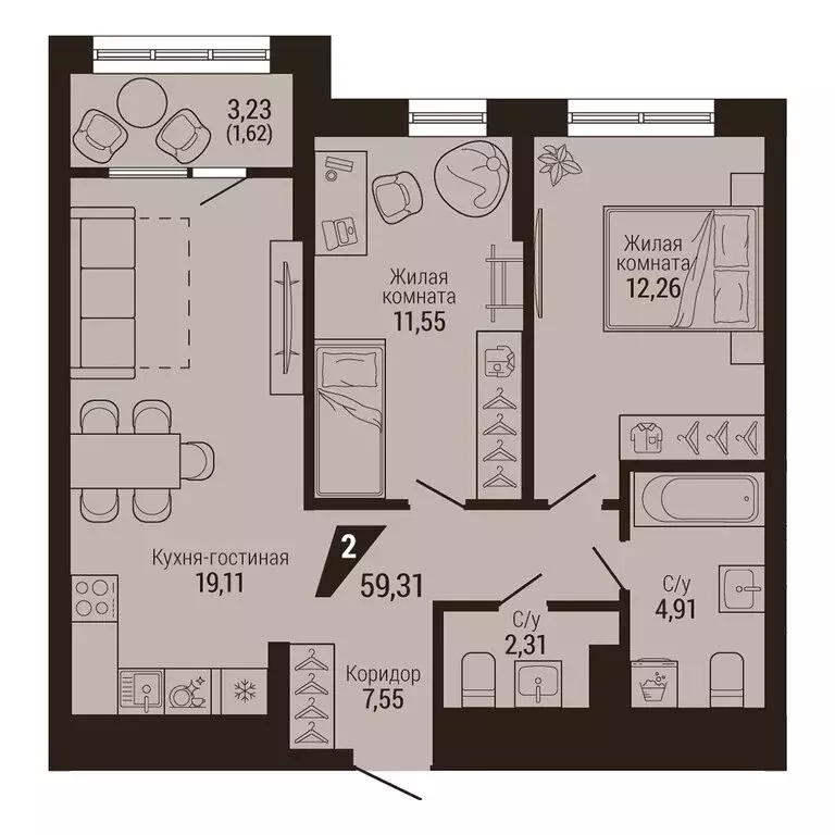 2-комнатная квартира: Екатеринбург, улица Энергостроителей, 7 (59.31 ... - Фото 0