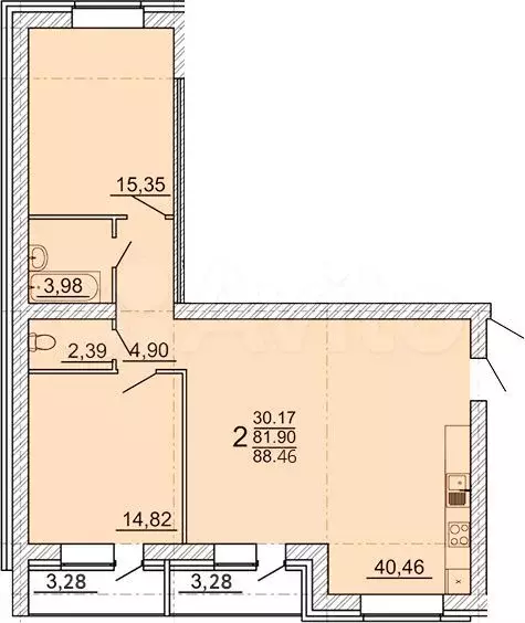 2-к. квартира, 88,5 м, 1/3 эт. - Фото 1