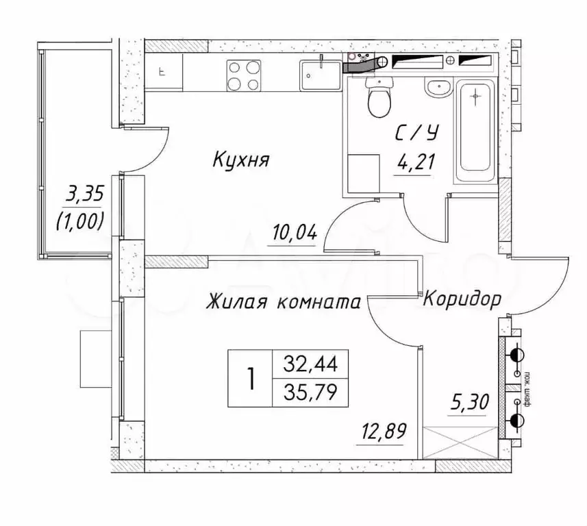 1-к. квартира, 33,4 м, 12/14 эт. - Фото 0