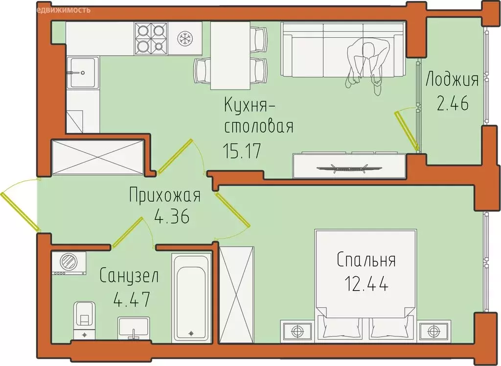 1-комнатная квартира: Светлогорск, посёлок Отрадное (38.9 м) - Фото 1