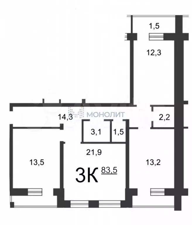 3-к. квартира, 85,4 м, 5/10 эт. - Фото 0