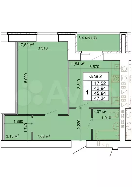 1-к. квартира, 45,6м, 6/9эт. - Фото 1