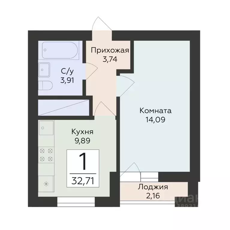 1-к кв. Самарская область, Самара ул. Советской Армии, 242 (32.71 м) - Фото 1