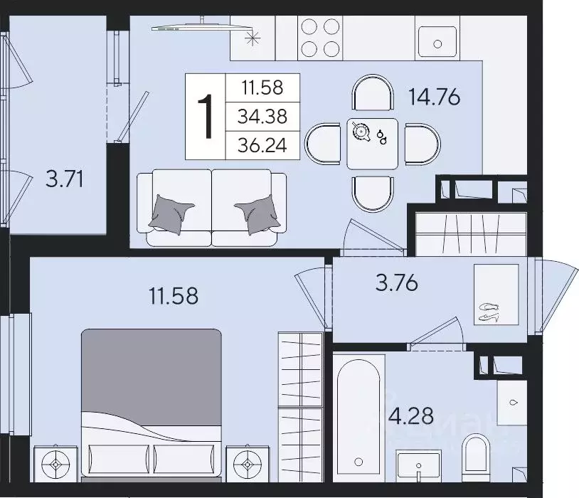1-к кв. Краснодарский край, Краснодар  (36.24 м) - Фото 2