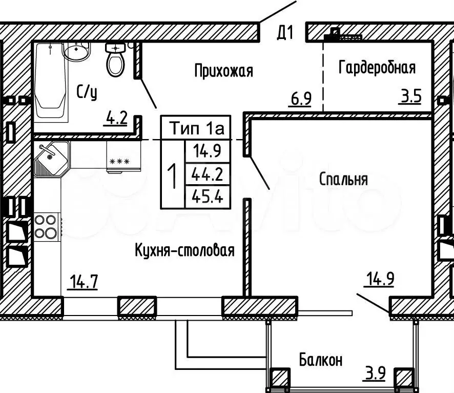 1-к. квартира, 45,4 м, 3/4 эт. - Фото 0