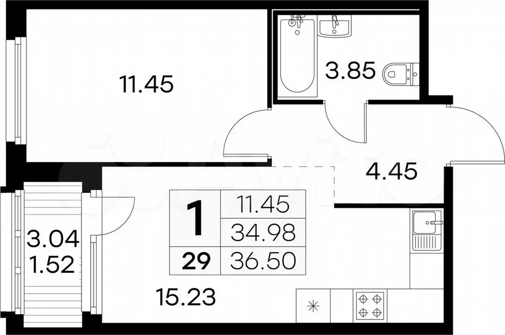 1-к. квартира, 36,5м, 4/15эт. - Фото 0