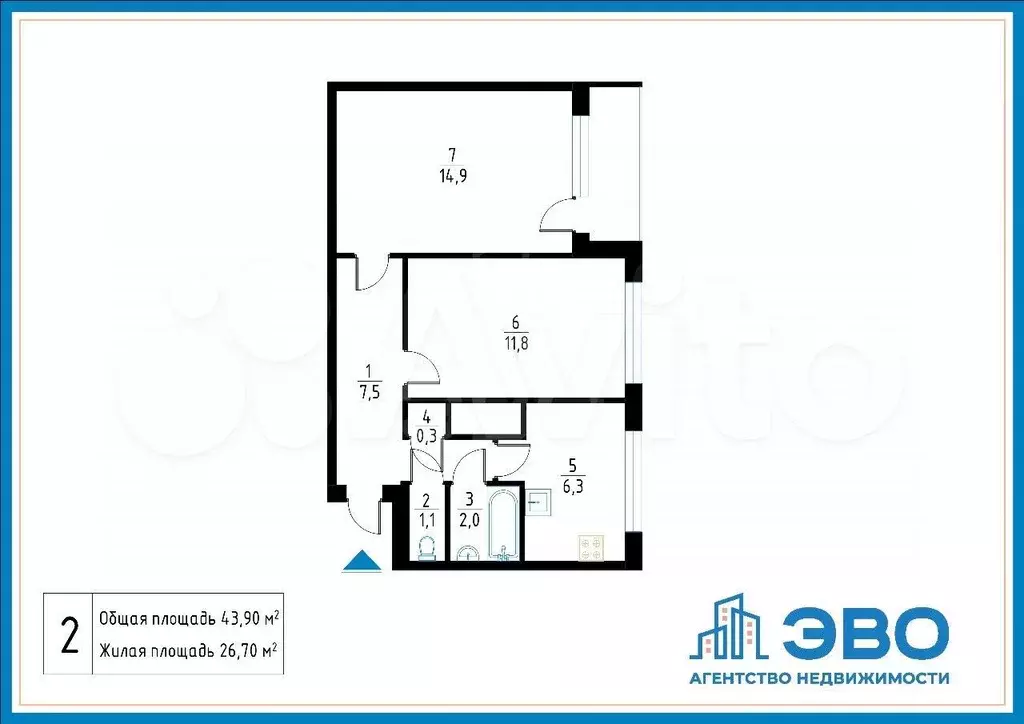 2-к. квартира, 43,9 м, 9/9 эт. - Фото 0
