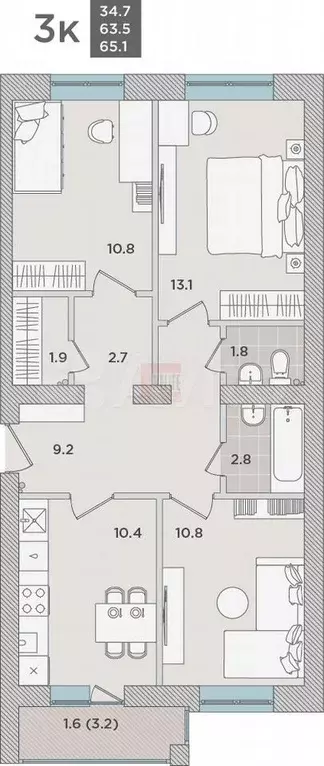 3-к. квартира, 65,6 м, 1/5 эт. - Фото 0