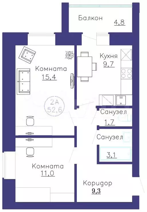 2-к. квартира, 52,6 м, 7/8 эт. - Фото 1