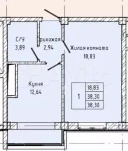 1-к. квартира, 38,3 м, 4/7 эт. - Фото 0